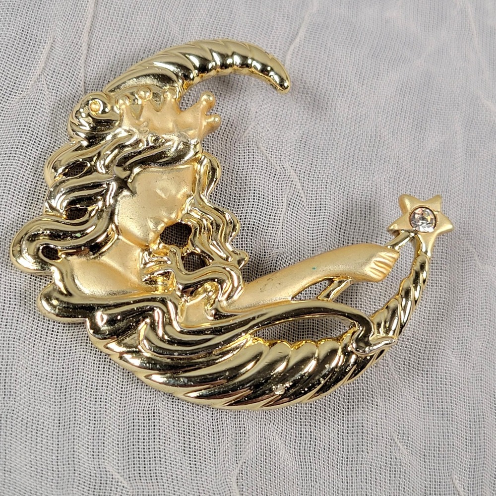 Danecraft Moon Goddess Brooch Celestial Crescent Star Wand Gold Tone Clear Stone